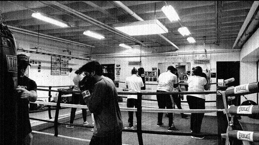 Boxers sparring near the ring ropes